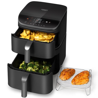 Аэрогриль Cosori Turbo Tower Pro с открытыми корзинами и решёткой с курицей