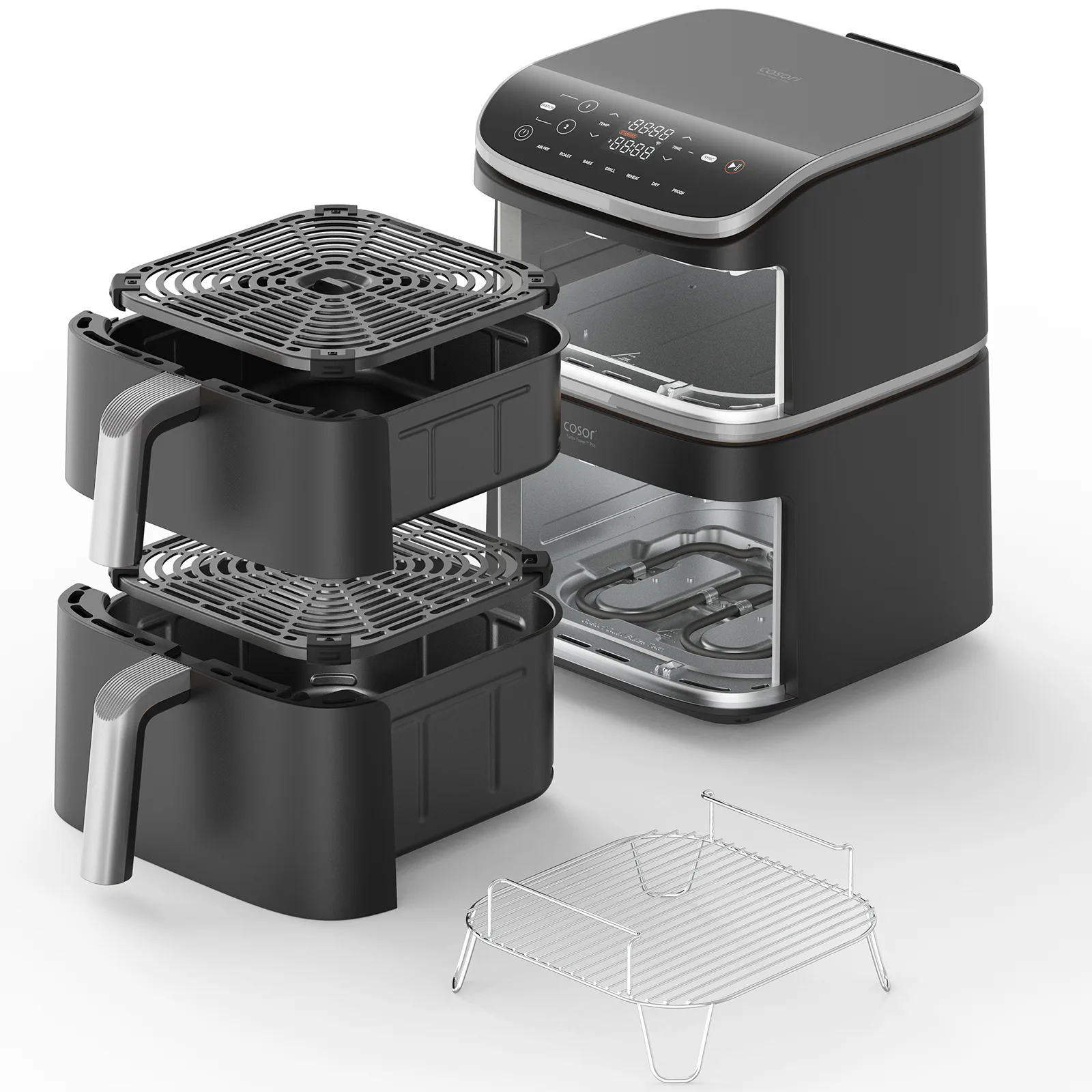 Комплектация аэрогриля Cosori Turbo Tower Pro: корзины, пластины, решётка