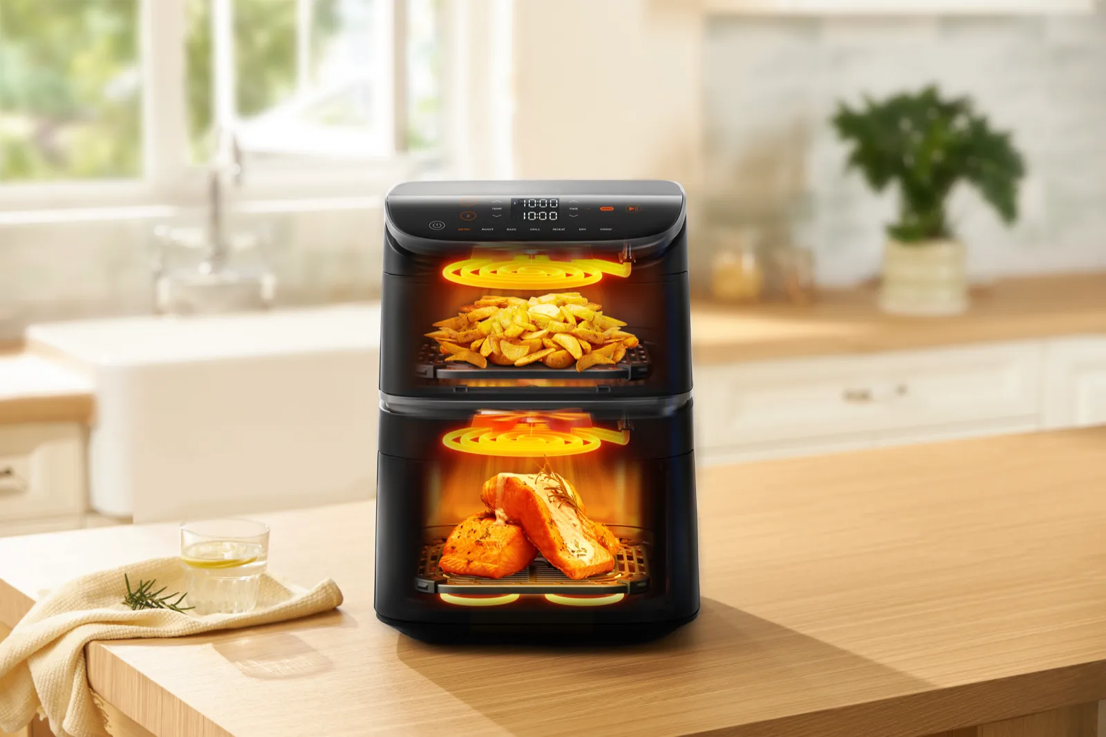 Аэрогриль Cosori Turbo Tower Pro готовит картофель и лосось одновременно