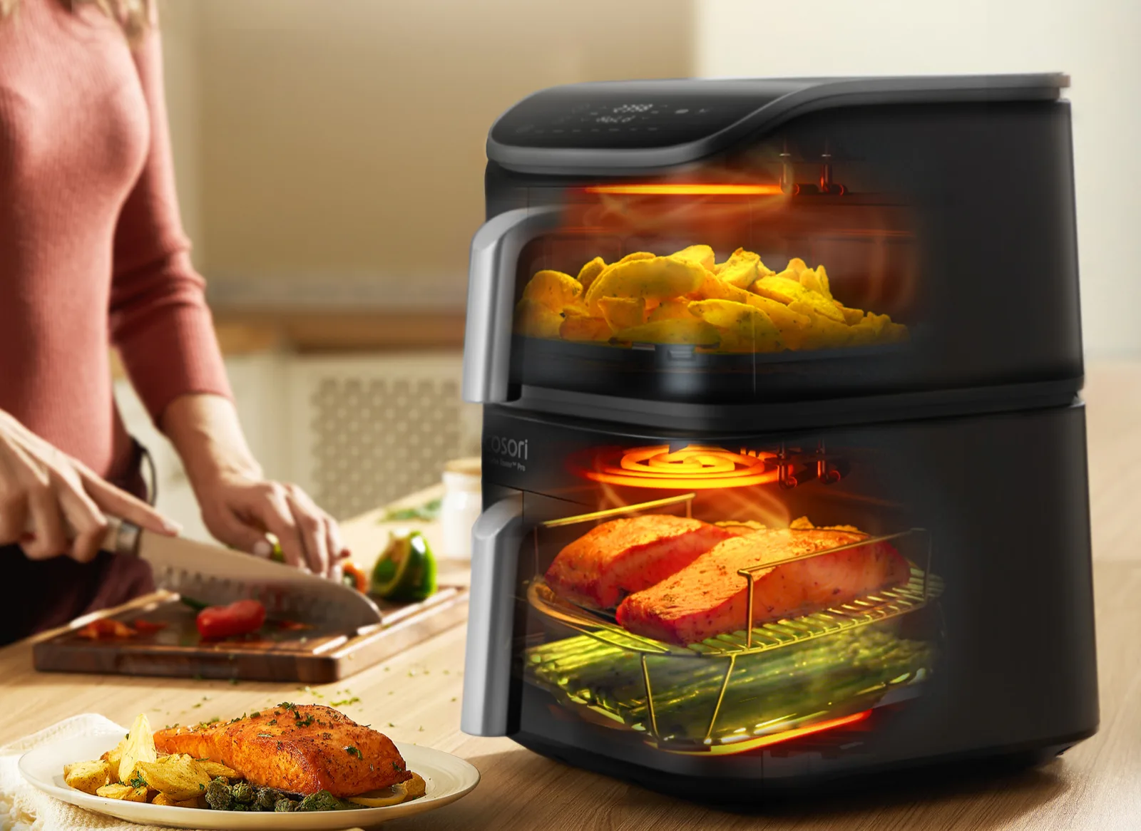 Синхронное приготовление двух блюд в аэрогриле Cosori Turbo Tower Pro