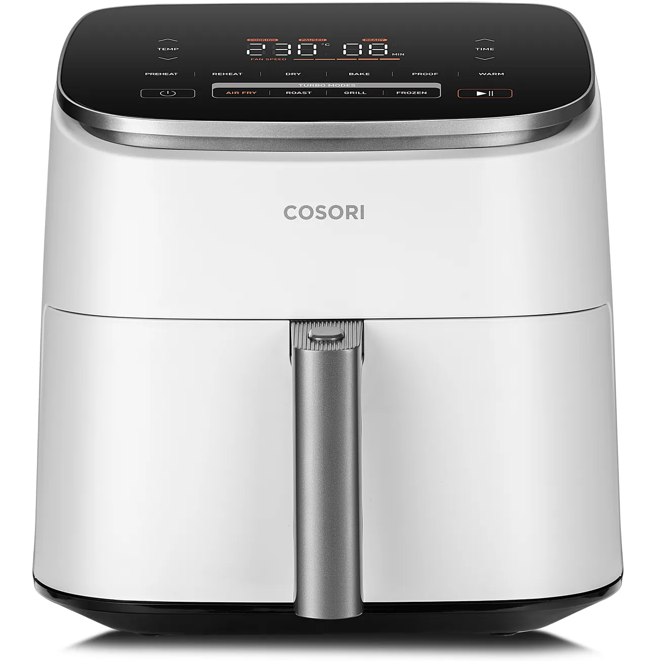 Белый аэрогриль Cosori TurboBlaze 6,0 л, вид спереди, на панели выставлено 230 °C