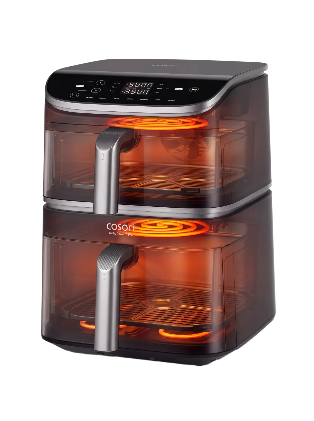 Аэрогриль Cosori Turbo Tower Pro в разрезе: три тэна в двух корзинах