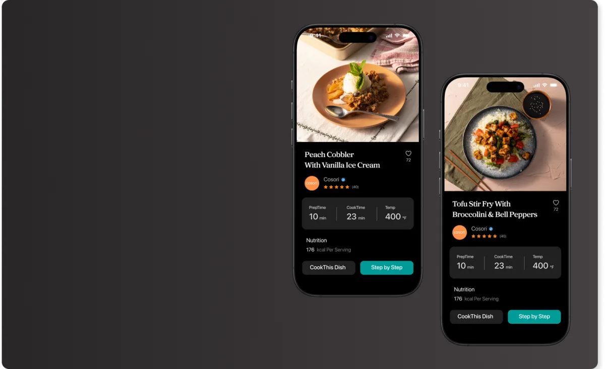Два смартфона с приложением VeSync: карточки рецептов с фото блюд, временем и температурой приготовления