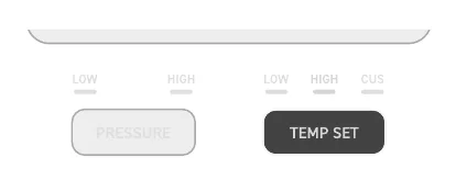Фрагмент панели управления: подсвечена кнопка TEMP SET, над ней индикаторы LOW, HIGH и CUS