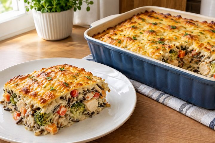 Запеканка с курицей и диким рисом в аэрогриле