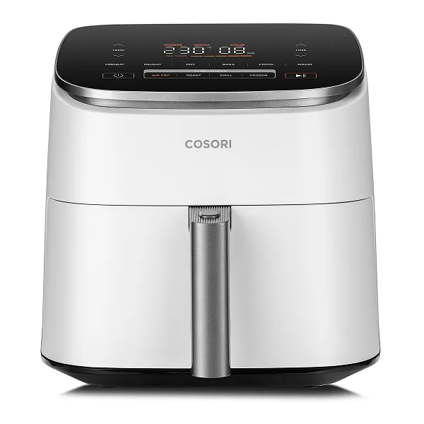 Белый аэрогриль Cosori TurboBlaze 6,0 л, вид спереди, на панели 230 °C