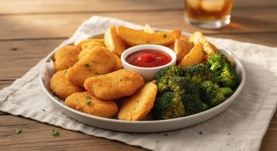 Хрустящие куриные наггетсы с картофельными дольками и брокколи